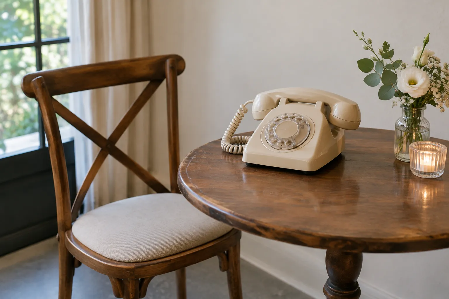 Een crèmekleurige draaischijftelefoon op een ronde houten tafel met een stoel, bloemen en een kaars bij het raam