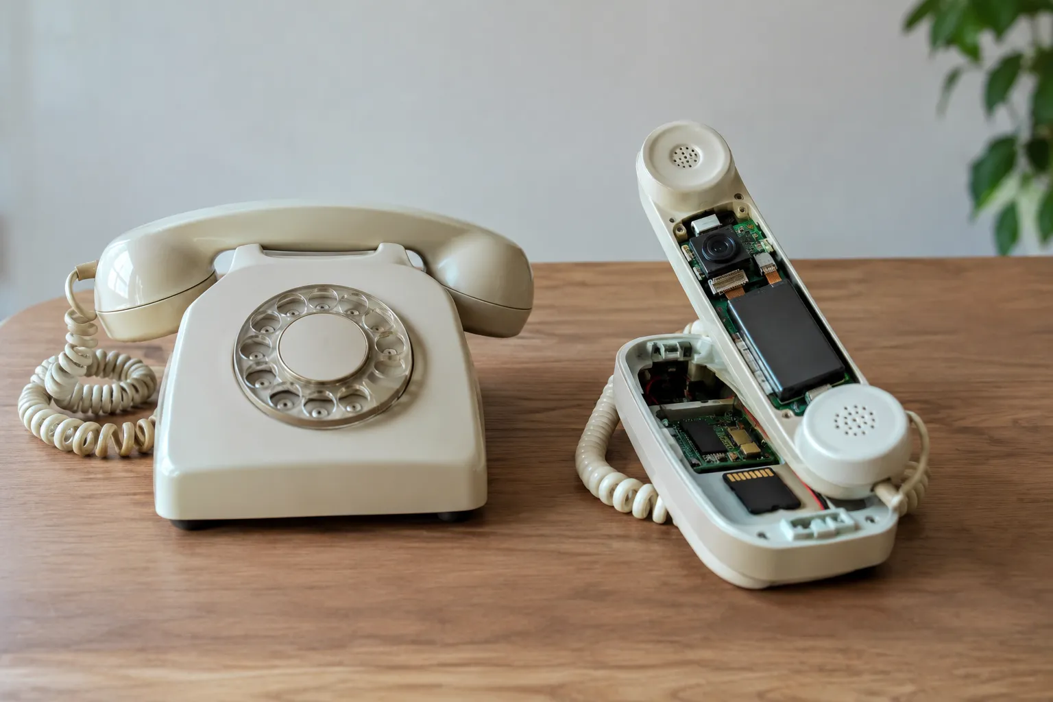 Decoratieve draaischijftelefoon naast een telefoon met ingebouwde opnameapparatuur