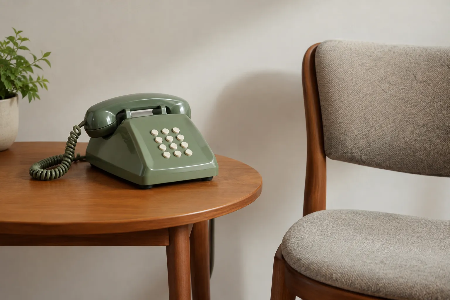 Een groene vintage telefoon met blanco toetsen staat op een houten bijzettafel naast een gestoffeerde stoel