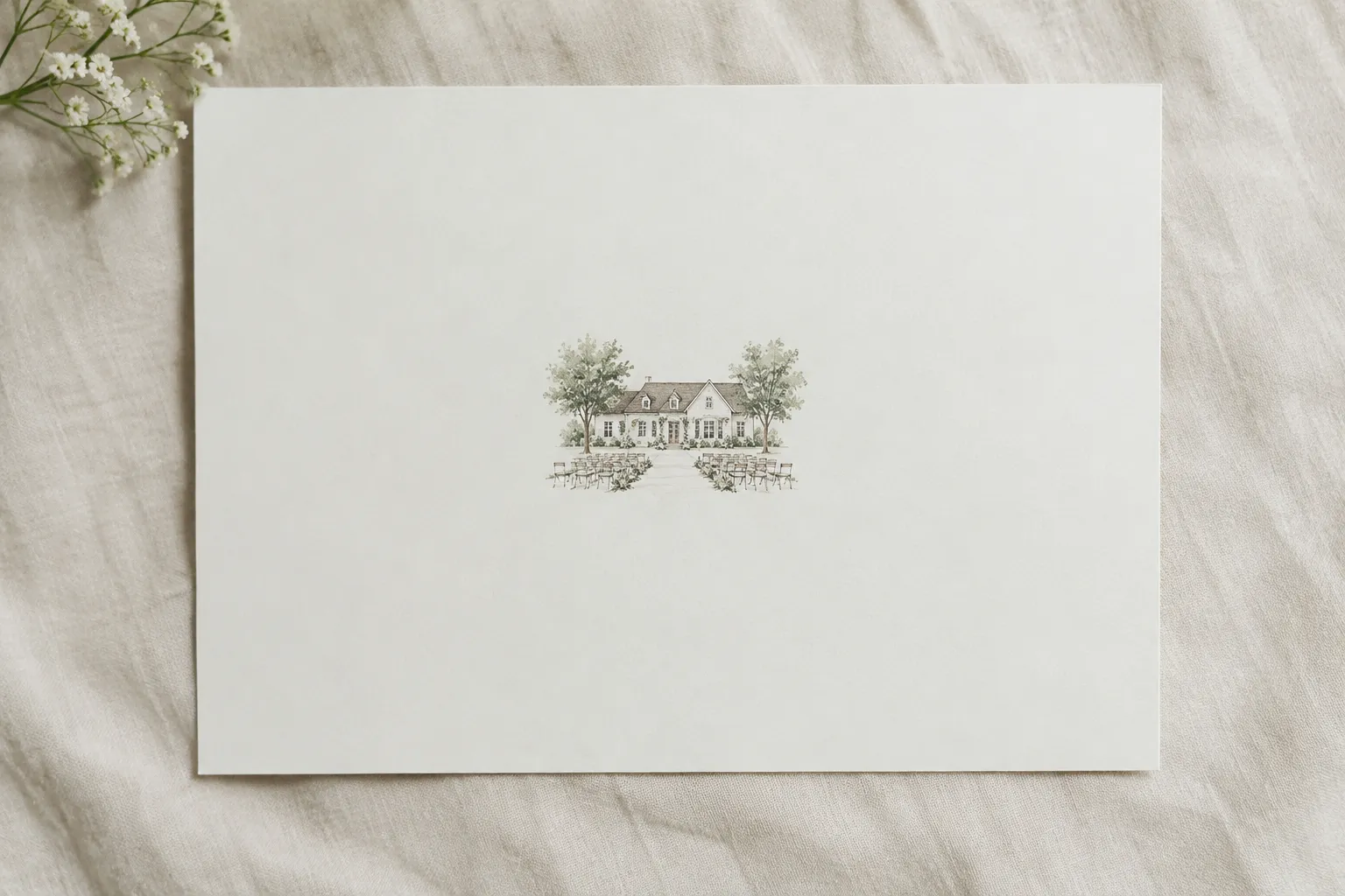 Ongelijste poster op linnen met een kleine illustratie van een landelijke trouwlocatie en veel blanco ruimte eromheen