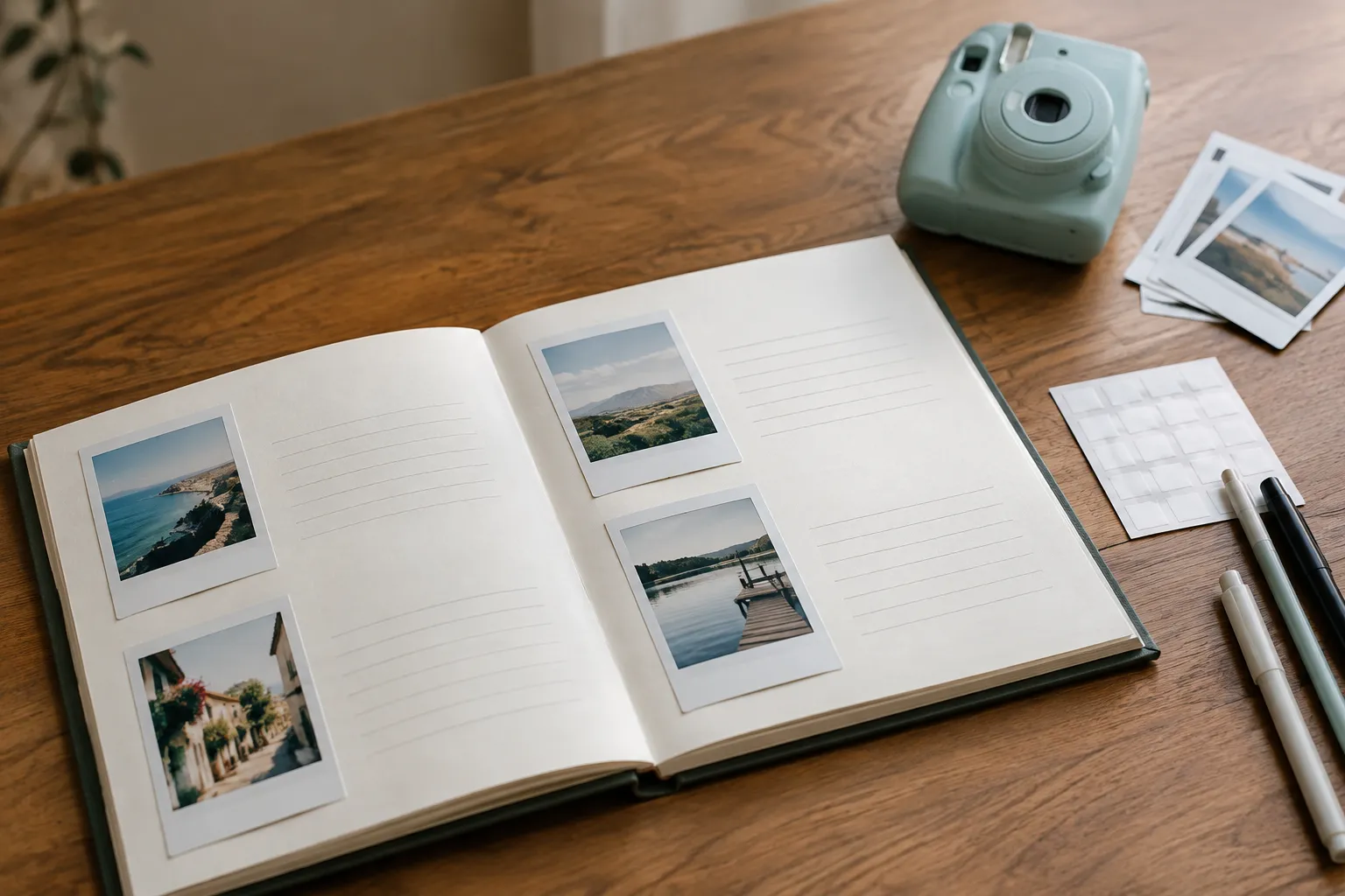 Een open album met landschapsfoto's en ruime schrijfvlakken ligt naast een instantcamera, fotoplakkers en pennen
