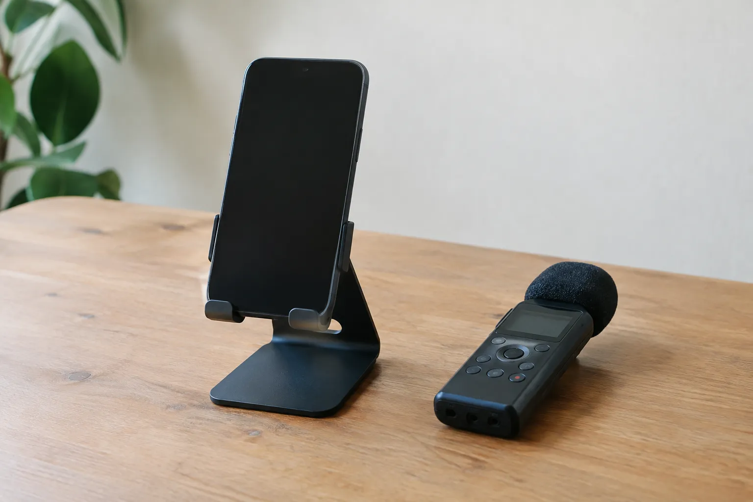 Een smartphone in een zwarte standaard en een losse audiorecorder met windkap liggen op een houten tafel